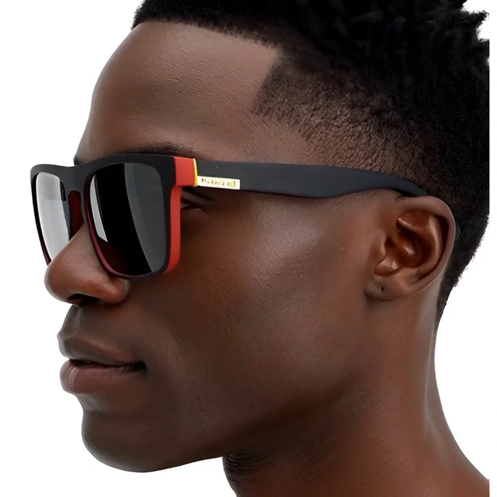 Mens Polarized Sunglasses Black Red Frame Sporty Style Wrap Around UV Protection